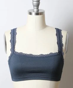 Leto Accessories Blue Ribbed Crop Tank Lace Strap Bralette