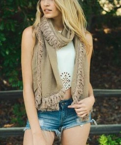 Leto Accessories Clothing, Accessories & Mens Frayed Stitch Tassel Trim Lightweight Scarf - Mocha
