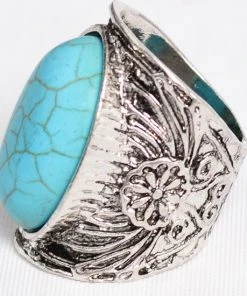 Leto Accessories Clothing, Accessories & Mens Round Turquoise Stone Floral Engraved Silver Ring