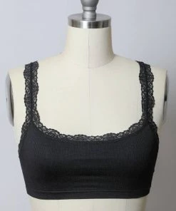 Leto Accessories Black Ribbed Crop Tank Lace Strap Bralette