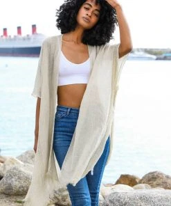 Leto Accessories Clothing, Accessories & Mens Natural Sequin Border Frayed Trim Kimono