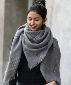 Leto Accessories Grey Plaid Frayed Trim Blanket Scarf Clothing, Accessories & Mens