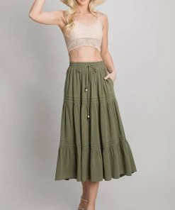 Allie Rose Olive Linen Tiered Midi Skirt With Pintuck Detail