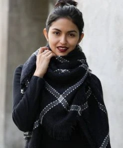 Leto Accessories Plaid Frayed Trim Blanket Scarf Clothing, Accessories & Mens