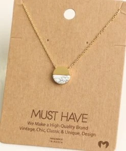 Fame Accessories Small White Marble Circle Stone Metal Pendant Necklace