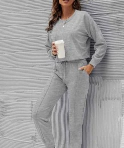 ESLEY Grey Cropped Top And Pant Knitted Two Pieces Set