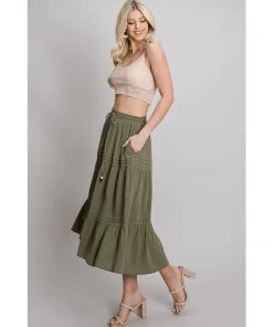 Allie Rose Olive Linen Tiered Midi Skirt With Pintuck Detail