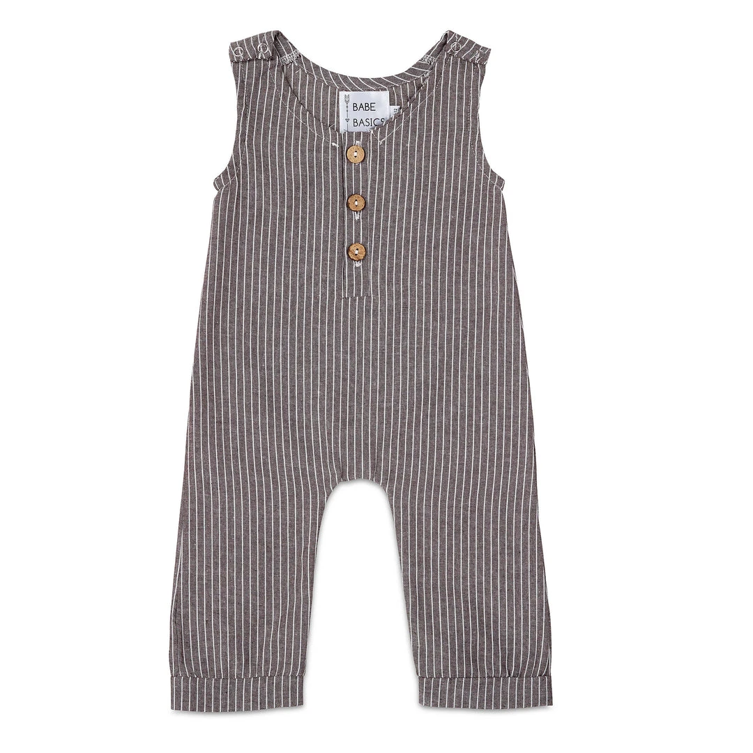 Babe Basics Grey Striped Linen Romper Babe Basics Grey Striped Linen Romper